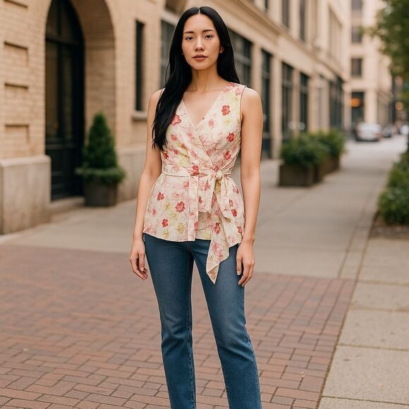 Vintage Faux Wrap Floral Print V-Neck 100%Silk Peplum Hem Top Size Small - Picture 14 of 14